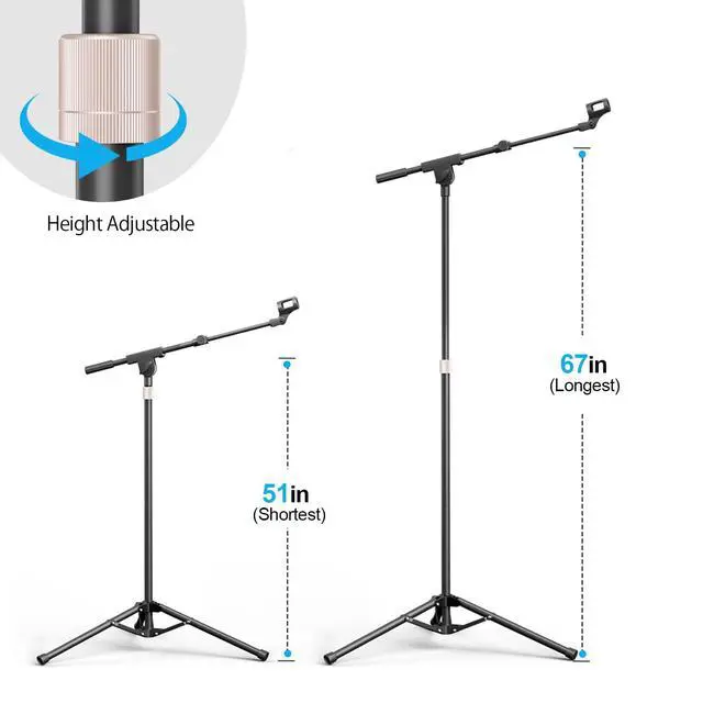 Alt view image 3 of 7 - Mic Stand with Boom Arm, Heavy Duty Tripod Microphone Stand Floor Holder Height Adjustable with Carrying Bag and 2 Mics Clips for Singing Performance, Home Studio Recording, Podcast and Stage