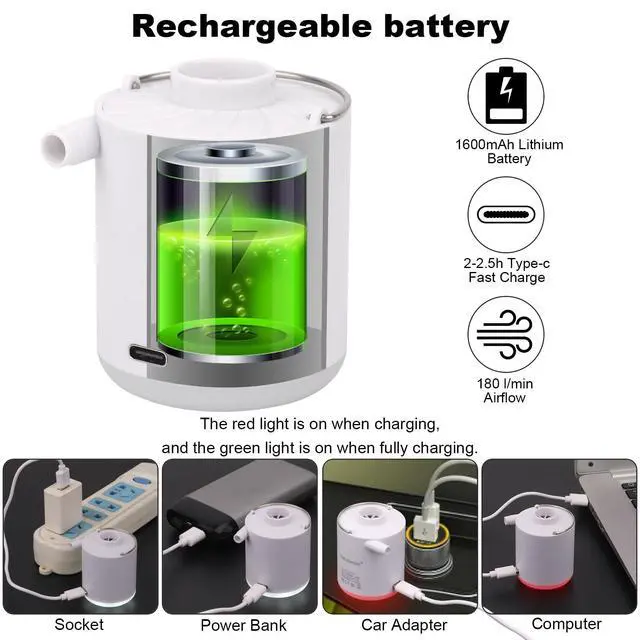 Alt view image 2 of 7 - Mini Air Portable Camping Light Tiny Inflator/Deflator Pump with 1600mAh Battery USB Rechargeable for Pool Floats Air Bed Air Mattress Swimming Ring Vacuum Storage Bags