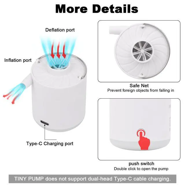 Alt view image 3 of 7 - Mini Air Portable Camping Light Tiny Inflator/Deflator Pump with 1600mAh Battery USB Rechargeable for Pool Floats Air Bed Air Mattress Swimming Ring Vacuum Storage Bags