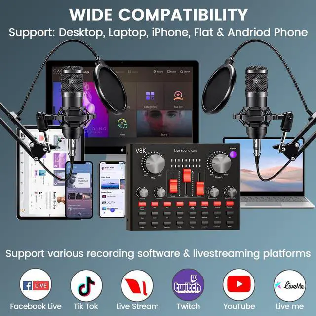 Alt view image 5 of 7 - Podcast Equipment Bundle for 2, Audio Interface with Voice Changer Condenser Microphone for Gamer, All-in-One Audio Mixer Perfect for Live Streaming, Singing, YouTube, Gaming