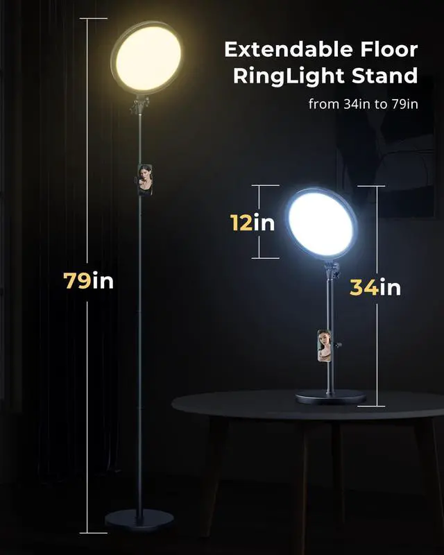 Alt view image 4 of 7 - 12 Ring Light with Stand and Phone Holder, 79 Tall LED Circle Light with Weighted Base & Remote, Dimmable Floor Lamp for Video Recording, Barber, Live Stream, Makeup, Photography