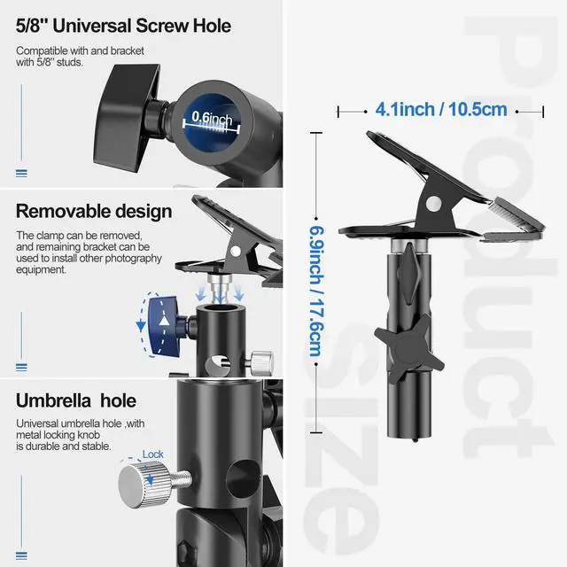 Alt view image 3 of 7 - Photography Reflector Holder, Photo Video Studio 5/8" Heavy Duty Metal Clamp Attachment, Light Stand Clip Mount with Umbrella Hole for Backdrop, Diffuser, Lighting