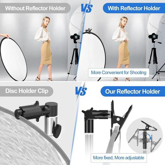 Alt view image 7 of 7 - Photography Reflector Holder, Photo Video Studio 5/8" Heavy Duty Metal Clamp Attachment, Light Stand Clip Mount with Umbrella Hole for Backdrop, Diffuser, Lighting