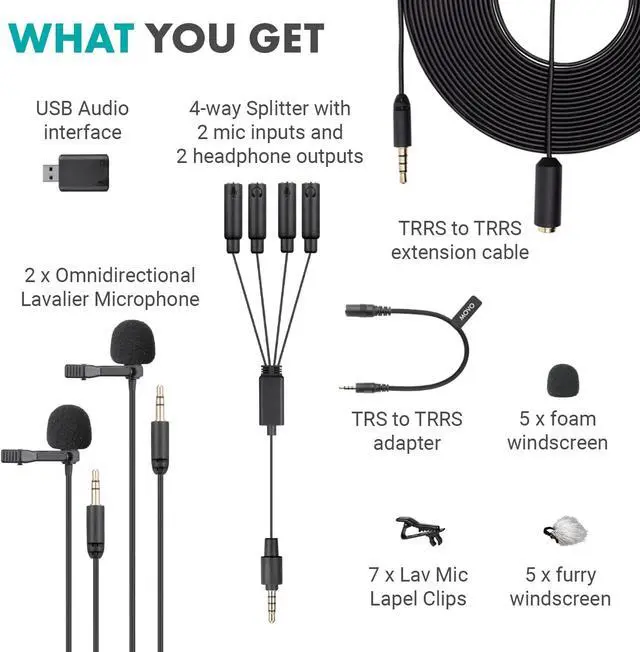 Alt view image 2 of 7 - VersaLav-V2 Lavalier Microphone Set for Smartphones, Computer, DSLR or Mirrorless Camera with Two Lapel Microphones, Splitter, Extension Cord, Clip-on Lav Mics for Video, Podcast, Vlog, Interview