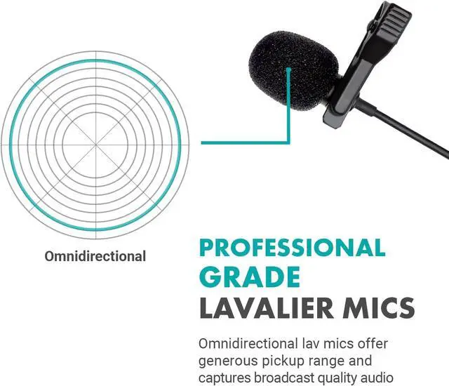 Alt view image 6 of 7 - VersaLav-V2 Lavalier Microphone Set for Smartphones, Computer, DSLR or Mirrorless Camera with Two Lapel Microphones, Splitter, Extension Cord, Clip-on Lav Mics for Video, Podcast, Vlog, Interview