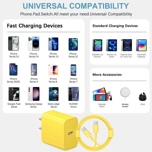 Alt view image 4 of 7 - iPhone 17 16 15 Charger Fast Charging Type C Chargers USB C Charger Block iPhone Air Chargers with 2 Pack 6FT Cable for iPhone 17/17 Plus/17 Pro Max/16/16 Plus/16 Pro Max/15 Pro Max/iPad Pro(Yellow)