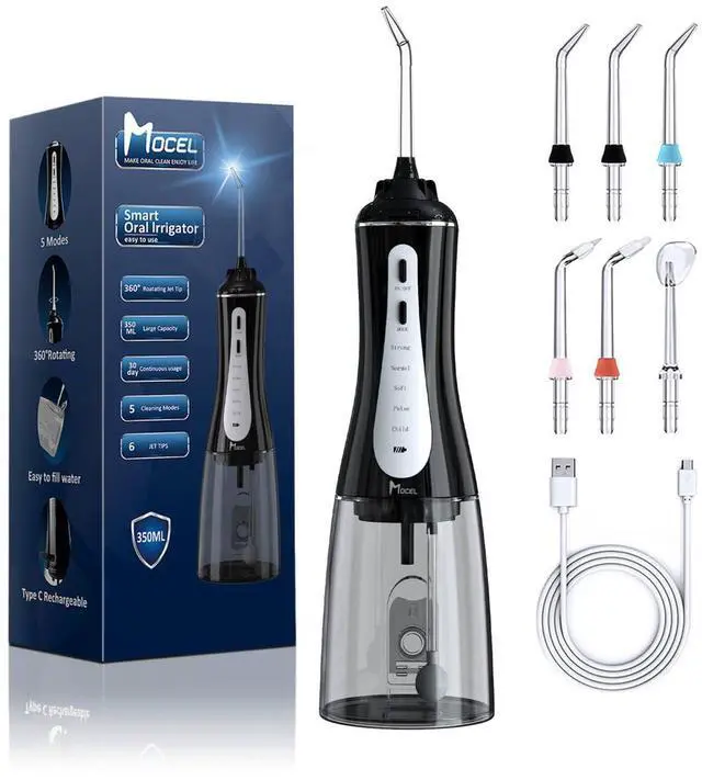 Main image of Water Dental Flosser Oral Irrigator with 5 Modes, 350ml Cordless Water Teeth Cleaner Pick 6 Tips, IPX7 Waterproof Rechargeable Portable Powerful Battery for Travel & Home Braces & Bridges Care