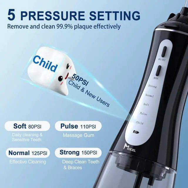 Alt view image 2 of 6 - Water Dental Flosser Oral Irrigator with 5 Modes, 350ml Cordless Water Teeth Cleaner Pick 6 Tips, IPX7 Waterproof Rechargeable Portable Powerful Battery for Travel & Home Braces & Bridges Care