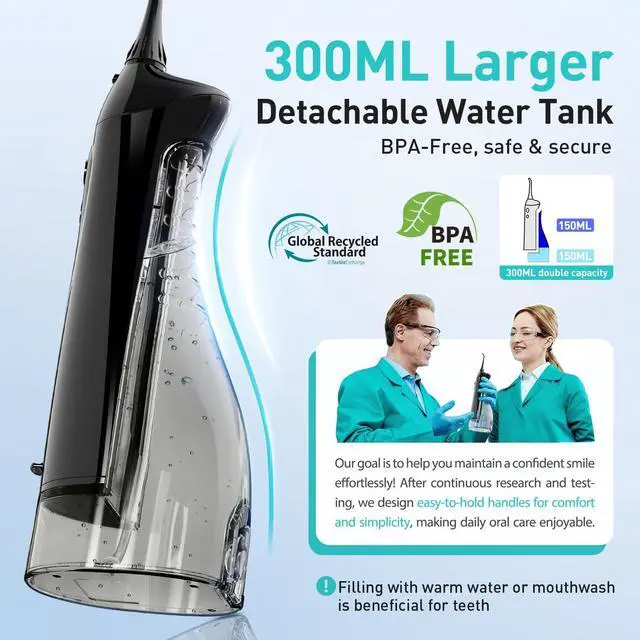 Alt view image 3 of 7 - Water Dental Flosser Teeth Pick C20: ADA Accepted, Portable Cordless Oral Irrigator 300ML Rechargeable Travel Irrigation Cleaner IPX7 Waterproof Electric Flossing Machine for Teeth, Black