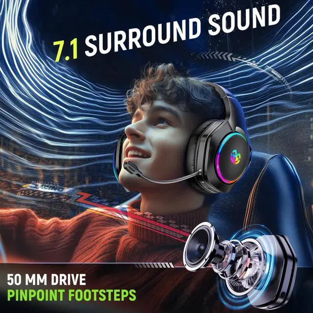 Alt view image 2 of 7 - Wireless Gaming Headset for Ps5 Ps4 PC, 2.4GHz USB & Type-C Gaming Headphones, 40Hrs & 7.1 Surround Sound Bluetooth Headphones with Noise Canceling Mic, Wireless Headset for Switch Phone