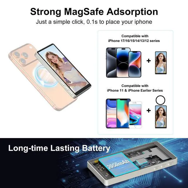 Alt view image 7 of 7 - 5" Magnetic Vlog Selfie Monitor Screen,Touchscreen and Zoom Focus,Built-in Speaker,Direct Connection,4K 30fps Wireless Monitor for TikTok,Compatible with iPhone 11-17,Samsung S23-S25(Grey)