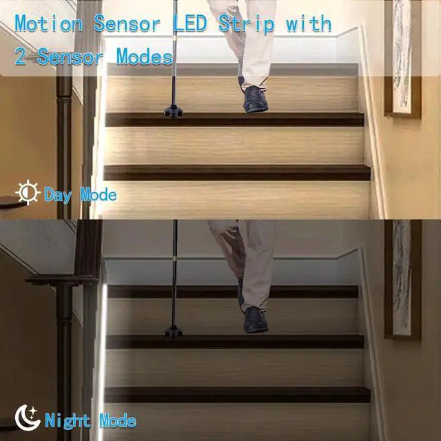 Alt view image 3 of 7 - Battery Operated Motion Sensor Cabinet Strip Lights, 9.8Ft 90 LED Counter Closet Strip Light, Motion & Night Sensor Safe Tape Light for Stairs Wardrobe Kitchen (Cool White)