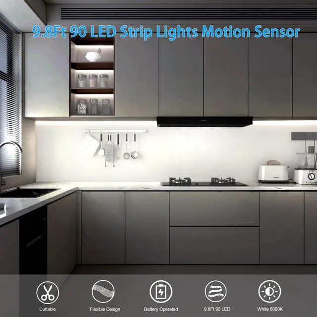 Alt view image 4 of 7 - Battery Operated Motion Sensor Cabinet Strip Lights, 9.8Ft 90 LED Counter Closet Strip Light, Motion & Night Sensor Safe Tape Light for Stairs Wardrobe Kitchen (Cool White)