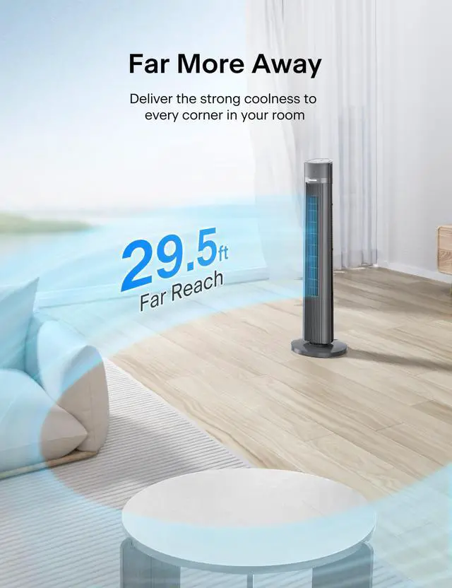 Alt view image 2 of 7 - 40-inch Bladeless Tower Fan for Bedroom, Standing Fan with Remote Control, 26ft/s, 90° Oscillation, 3 Speed Settings, 27 dB, 3 Modes, 15-Hour Timer, LED Display, Fan that Blows Cold Air, Black