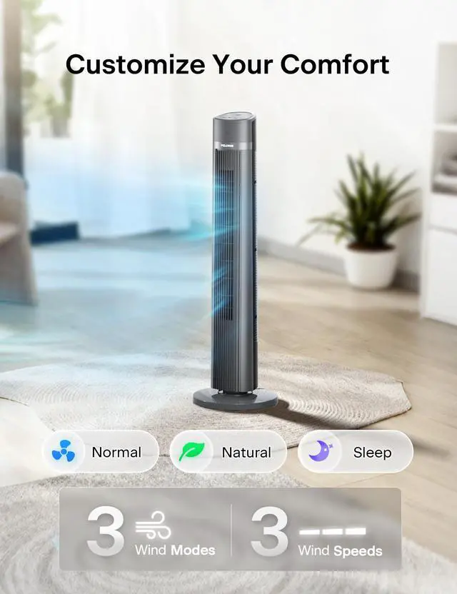Alt view image 3 of 7 - 40-inch Bladeless Tower Fan for Bedroom, Standing Fan with Remote Control, 26ft/s, 90° Oscillation, 3 Speed Settings, 27 dB, 3 Modes, 15-Hour Timer, LED Display, Fan that Blows Cold Air, Black