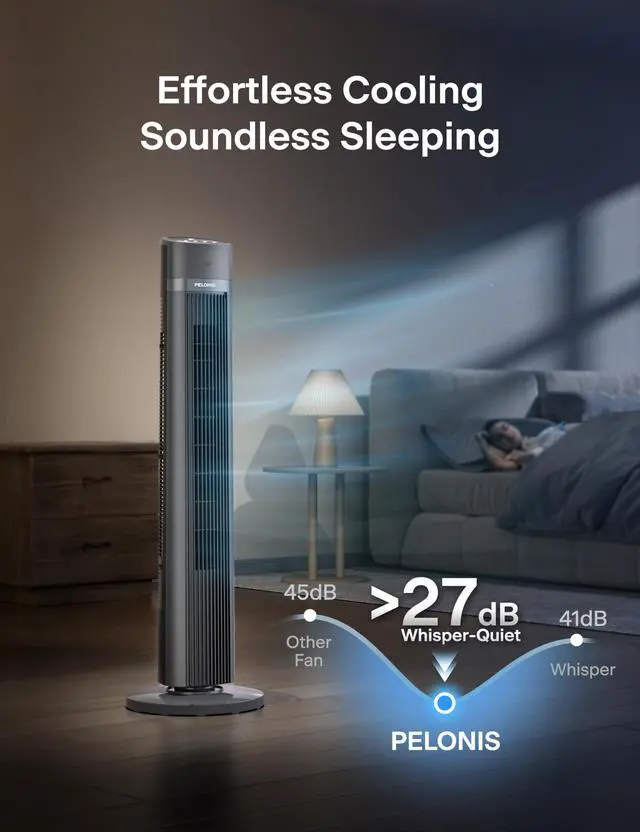 Alt view image 5 of 7 - 40-inch Bladeless Tower Fan for Bedroom, Standing Fan with Remote Control, 26ft/s, 90° Oscillation, 3 Speed Settings, 27 dB, 3 Modes, 15-Hour Timer, LED Display, Fan that Blows Cold Air, Black