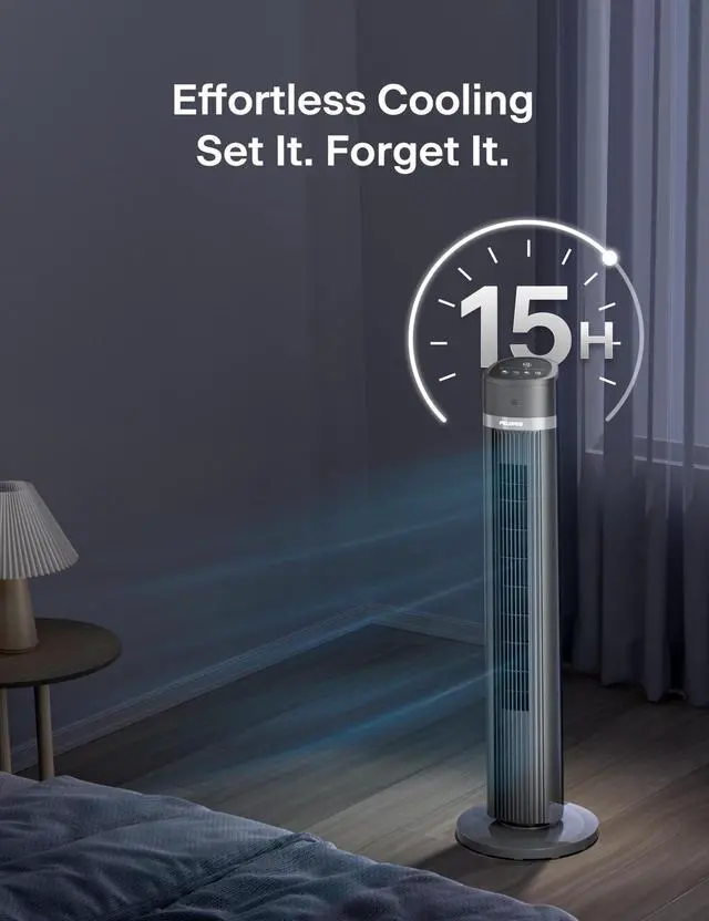 Alt view image 6 of 7 - 40-inch Bladeless Tower Fan for Bedroom, Standing Fan with Remote Control, 26ft/s, 90° Oscillation, 3 Speed Settings, 27 dB, 3 Modes, 15-Hour Timer, LED Display, Fan that Blows Cold Air, Black