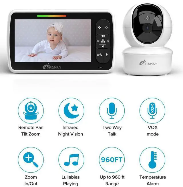 Alt view image 2 of 7 - Baby Monitor - Large 5" Screen with 30Hrs Battery Life - Remote Pan-Tilt-Zoom;No WiFi, Two-Way Audio, Night Vision, Temperature, Lullabies, 960ft Long Range Baby Monitor with Camera and Audio