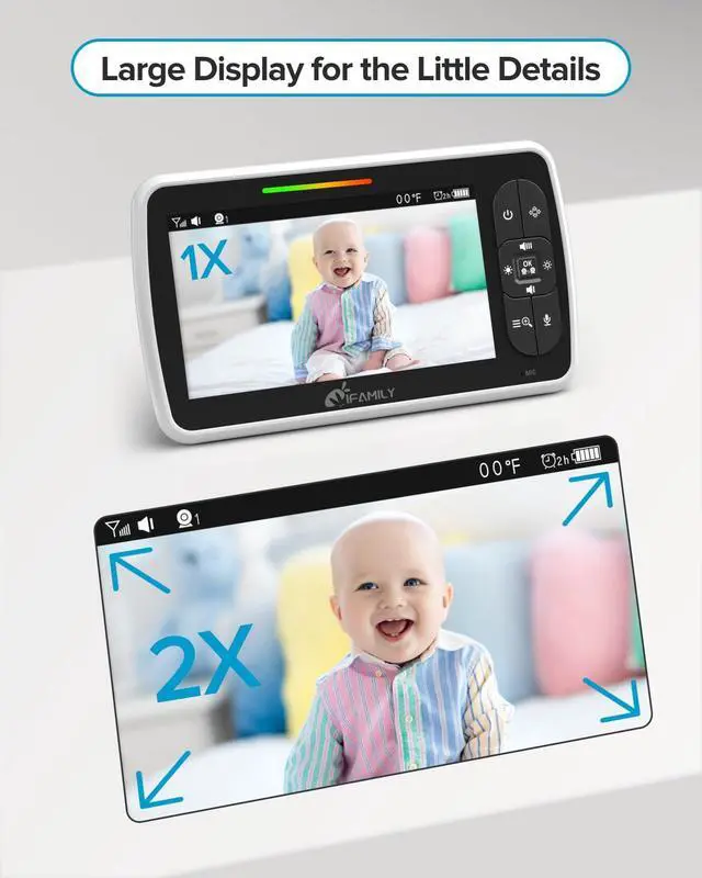 Alt view image 3 of 7 - Baby Monitor - Large 5" Screen with 30Hrs Battery Life - Remote Pan-Tilt-Zoom;No WiFi, Two-Way Audio, Night Vision, Temperature, Lullabies, 960ft Long Range Baby Monitor with Camera and Audio