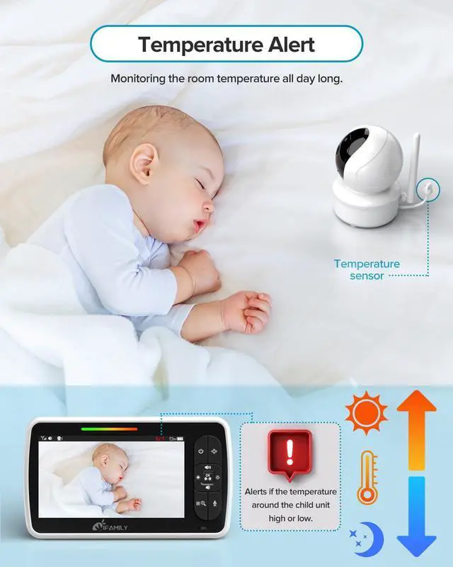 Alt view image 5 of 7 - Baby Monitor - Large 5" Screen with 30Hrs Battery Life - Remote Pan-Tilt-Zoom;No WiFi, Two-Way Audio, Night Vision, Temperature, Lullabies, 960ft Long Range Baby Monitor with Camera and Audio