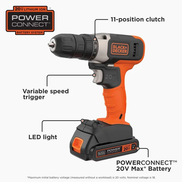 Alt view image 2 of 7 - 20V MAX Cordless Drill Kit with Battery, Charger, Includes Double Sided Drill Bit (BCD702C1)