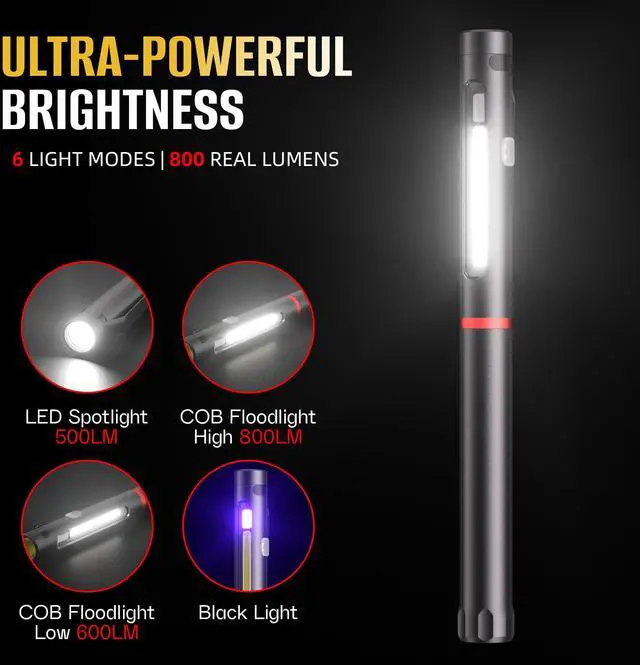 Alt view image 3 of 7 - Pen Light Flashlight, 800 Lumens LED Pen Flashlights Rechargeable 6 Modes COB Magnetic Flashlight with Clip Bright Pocket Flashlights Work Light Portable Waterproof Durable Penlight (1, 7.08in)