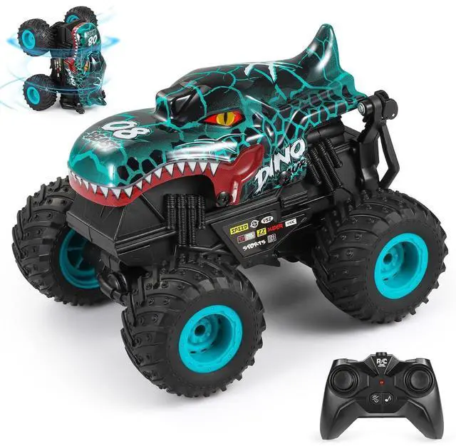Main image of Remote Control Car, 2.4Ghz All Terrain Dinosaur Monster Truck Toys, RC Truck with Music, 3 Lighting Effects, 360 Stunt Capable, 2 Batteries Ready to Run, Toy Gifts for Boys and Girls (Cyan)