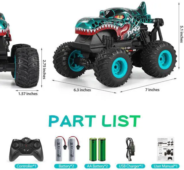Alt view image 2 of 7 - Remote Control Car, 2.4Ghz All Terrain Dinosaur Monster Truck Toys, RC Truck with Music, 3 Lighting Effects, 360 Stunt Capable, 2 Batteries Ready to Run, Toy Gifts for Boys and Girls (Cyan)