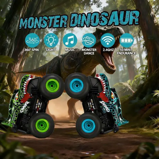 Alt view image 3 of 7 - Remote Control Car, 2.4Ghz All Terrain Dinosaur Monster Truck Toys, RC Truck with Music, 3 Lighting Effects, 360 Stunt Capable, 2 Batteries Ready to Run, Toy Gifts for Boys and Girls (Cyan)