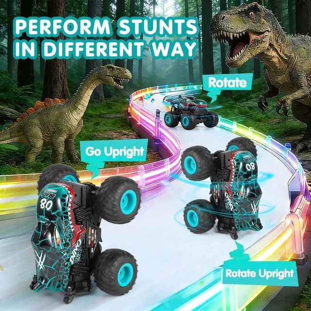 Alt view image 4 of 7 - Remote Control Car, 2.4Ghz All Terrain Dinosaur Monster Truck Toys, RC Truck with Music, 3 Lighting Effects, 360 Stunt Capable, 2 Batteries Ready to Run, Toy Gifts for Boys and Girls (Cyan)