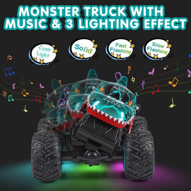 Alt view image 5 of 7 - Remote Control Car, 2.4Ghz All Terrain Dinosaur Monster Truck Toys, RC Truck with Music, 3 Lighting Effects, 360 Stunt Capable, 2 Batteries Ready to Run, Toy Gifts for Boys and Girls (Cyan)