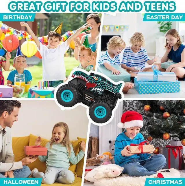 Alt view image 6 of 7 - Remote Control Car, 2.4Ghz All Terrain Dinosaur Monster Truck Toys, RC Truck with Music, 3 Lighting Effects, 360 Stunt Capable, 2 Batteries Ready to Run, Toy Gifts for Boys and Girls (Cyan)