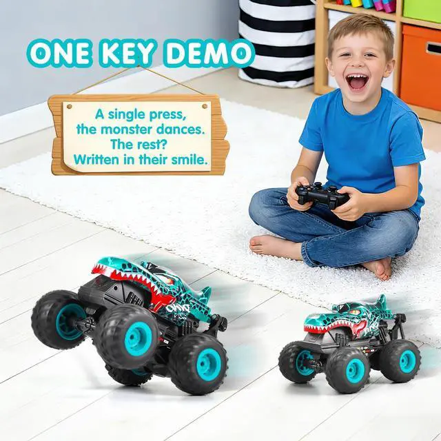Alt view image 7 of 7 - Remote Control Car, 2.4Ghz All Terrain Dinosaur Monster Truck Toys, RC Truck with Music, 3 Lighting Effects, 360 Stunt Capable, 2 Batteries Ready to Run, Toy Gifts for Boys and Girls (Cyan)