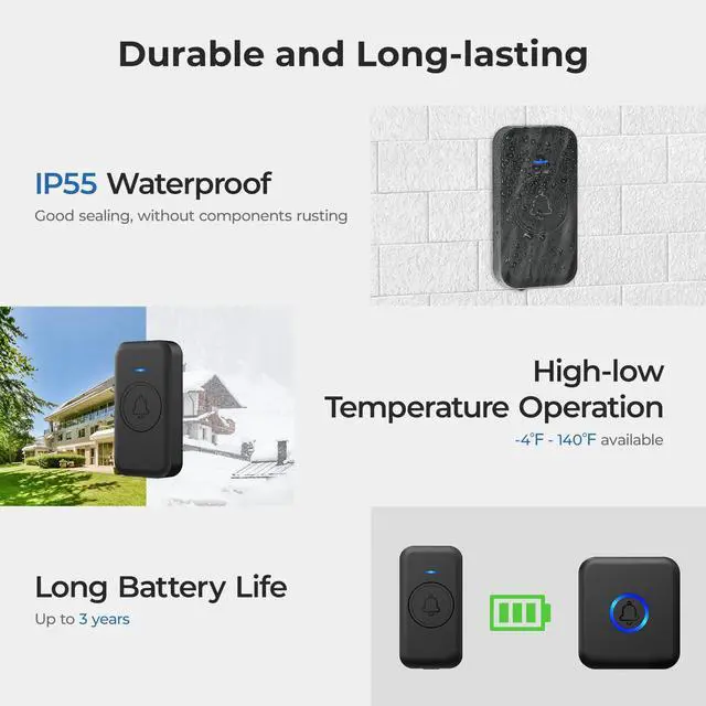 Alt view image 5 of 7 - Wireless Doorbell, Easy installation, Door bell Kit with 60 Chimes 5 Levels Volume and 1000ft Range 3 Receivers+2 Waterproof Buttons, Wireless Doorbells for Home, Doorbell Classroom Black