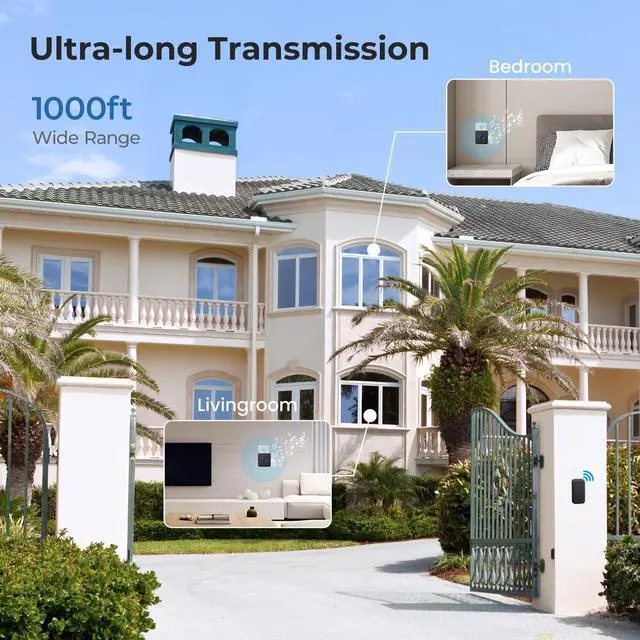 Alt view image 6 of 7 - Wireless Doorbell, Easy installation, Door bell Kit with 60 Chimes 5 Levels Volume and 1000ft Range 3 Receivers+2 Waterproof Buttons, Wireless Doorbells for Home, Doorbell Classroom Black