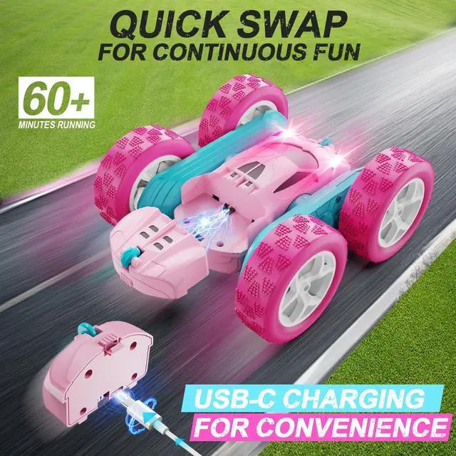 Alt view image 2 of 6 - RC Cars, Pink Remote Control Car for Girls, 2.4 GHZ Double Sided RC Stunt Car 360° Rotating Remote Control Crawler with Headlights Car Toys for 6 7 8 9 10 11 12 Girls Birthday Gift Grandkids