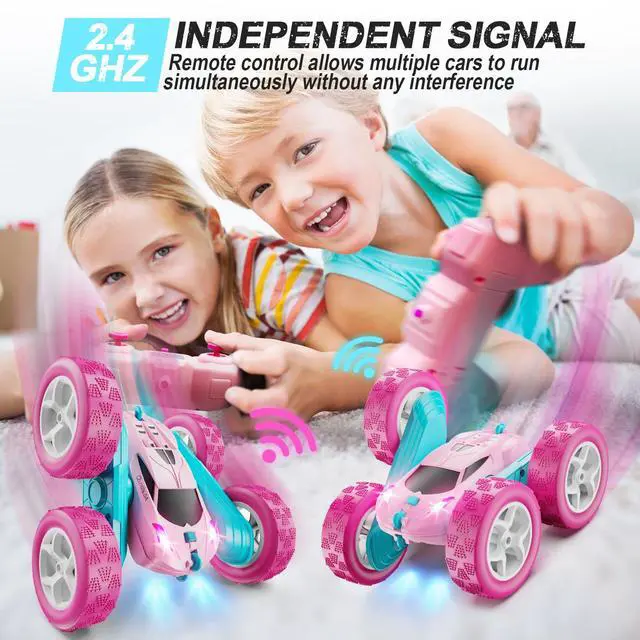 Alt view image 3 of 6 - RC Cars, Pink Remote Control Car for Girls, 2.4 GHZ Double Sided RC Stunt Car 360° Rotating Remote Control Crawler with Headlights Car Toys for 6 7 8 9 10 11 12 Girls Birthday Gift Grandkids