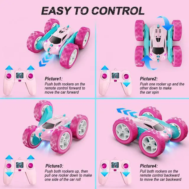 Alt view image 6 of 6 - RC Cars, Pink Remote Control Car for Girls, 2.4 GHZ Double Sided RC Stunt Car 360° Rotating Remote Control Crawler with Headlights Car Toys for 6 7 8 9 10 11 12 Girls Birthday Gift Grandkids