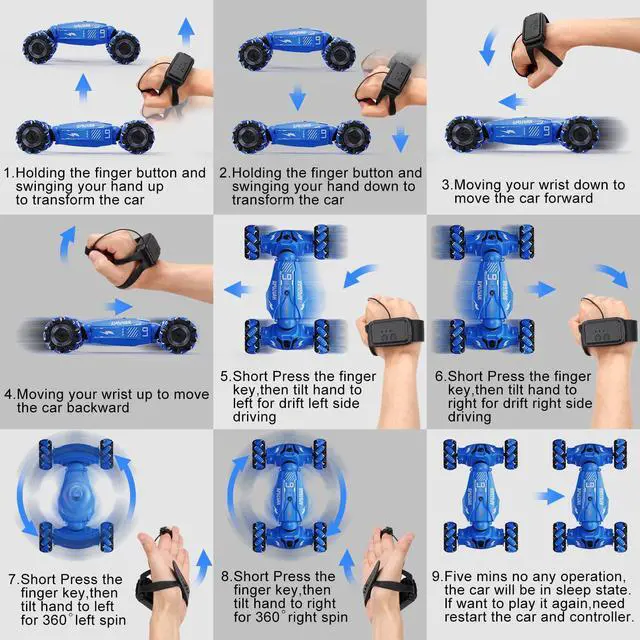Alt view image 5 of 6 - Upgraded Hand Gesture Sensing RC Stunt Car with Lights Music, Spray Drift Gesture RC Car 360° Spins All Terrains Hand Controlled Truck Toys for 6 7 8 9 10 Year Old Boys