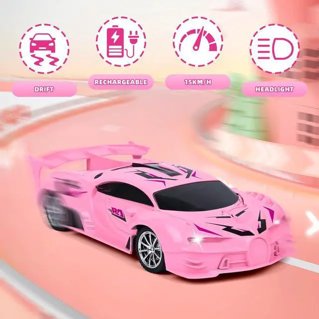 Alt view image 2 of 6 - Pink Remote Control Car for Girls, Rechargeable High Speed Drift RC Cars Toys Gifts for Girl Age 6 7 8-12,1/18 Super Vehicle with Headlight Racing Hobby Xmas Birthday Gift