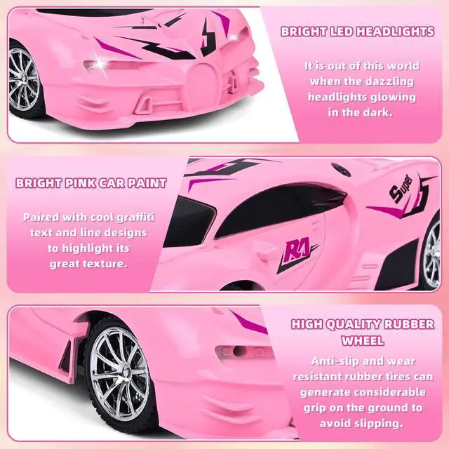 Alt view image 3 of 6 - Pink Remote Control Car for Girls, Rechargeable High Speed Drift RC Cars Toys Gifts for Girl Age 6 7 8-12,1/18 Super Vehicle with Headlight Racing Hobby Xmas Birthday Gift