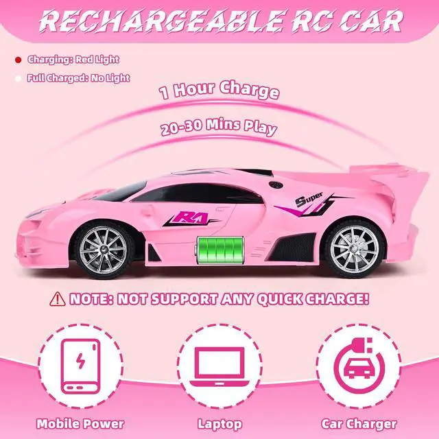 Alt view image 4 of 6 - Pink Remote Control Car for Girls, Rechargeable High Speed Drift RC Cars Toys Gifts for Girl Age 6 7 8-12,1/18 Super Vehicle with Headlight Racing Hobby Xmas Birthday Gift