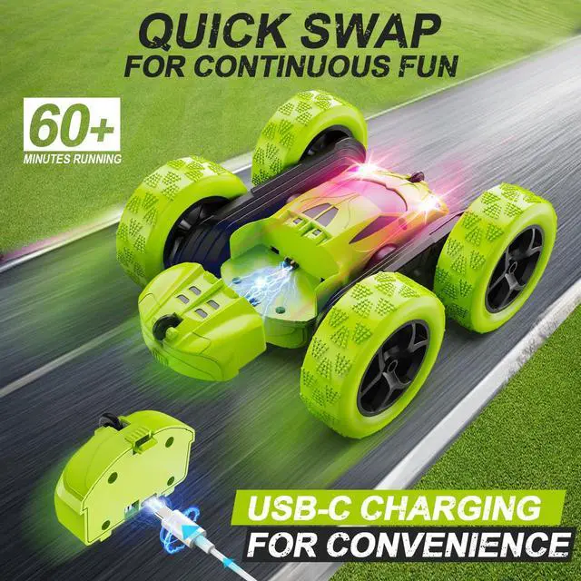 Alt view image 2 of 6 - Remote Control Car for Kids Ages 6+, RC Cars Stunt Car Toy 4WD Double Sided 360° Rotating Remote Control with Headlights, Birthday Xmas Gifts for Boys 6 7 8 9 10 11 12 Green
