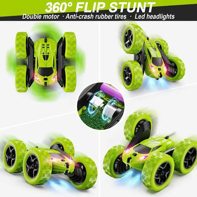 Alt view image 4 of 6 - Remote Control Car for Kids Ages 6+, RC Cars Stunt Car Toy 4WD Double Sided 360° Rotating Remote Control with Headlights, Birthday Xmas Gifts for Boys 6 7 8 9 10 11 12 Green