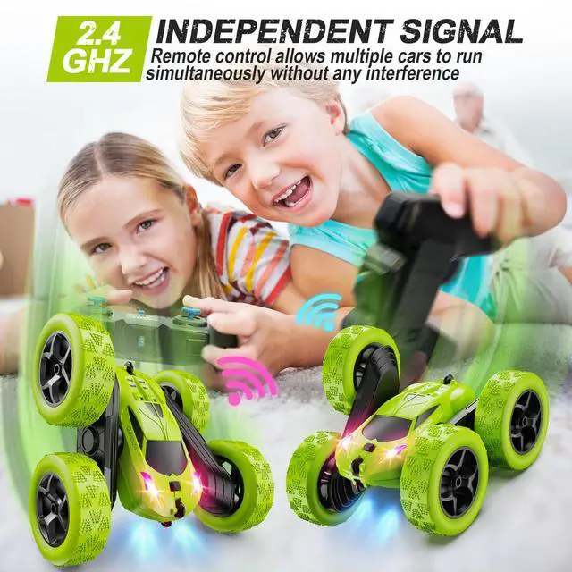 Alt view image 3 of 6 - Remote Control Car for Kids Ages 6+, RC Cars Stunt Car Toy 4WD Double Sided 360° Rotating Remote Control with Headlights, Birthday Xmas Gifts for Boys 6 7 8 9 10 11 12 Green