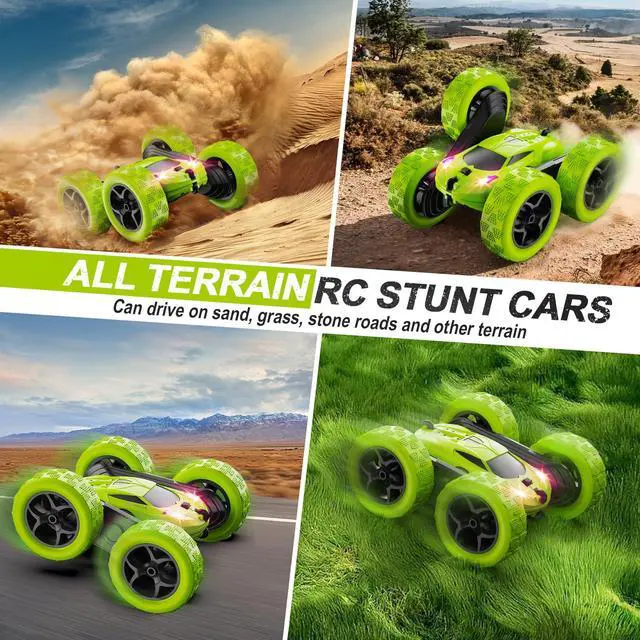 Alt view image 5 of 6 - Remote Control Car for Kids Ages 6+, RC Cars Stunt Car Toy 4WD Double Sided 360° Rotating Remote Control with Headlights, Birthday Xmas Gifts for Boys 6 7 8 9 10 11 12 Green