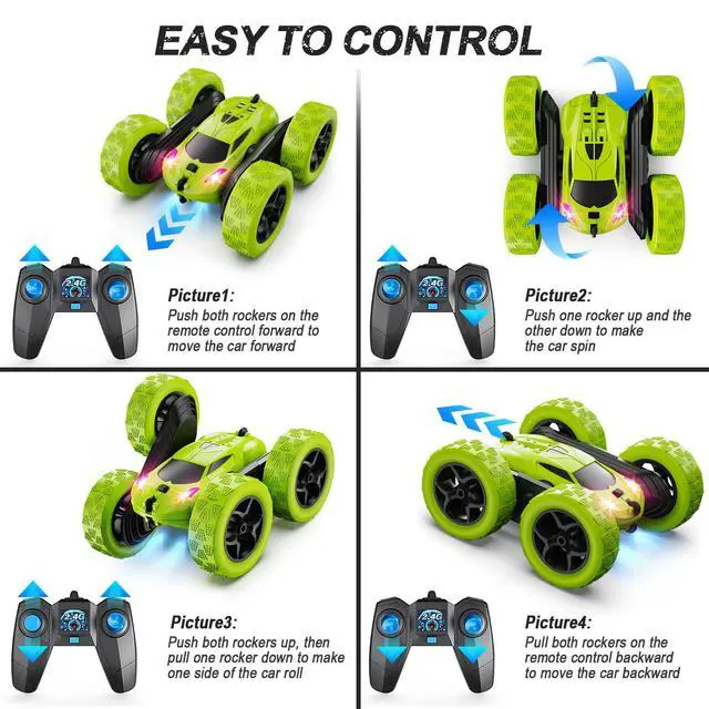 Alt view image 6 of 6 - Remote Control Car for Kids Ages 6+, RC Cars Stunt Car Toy 4WD Double Sided 360° Rotating Remote Control with Headlights, Birthday Xmas Gifts for Boys 6 7 8 9 10 11 12 Green