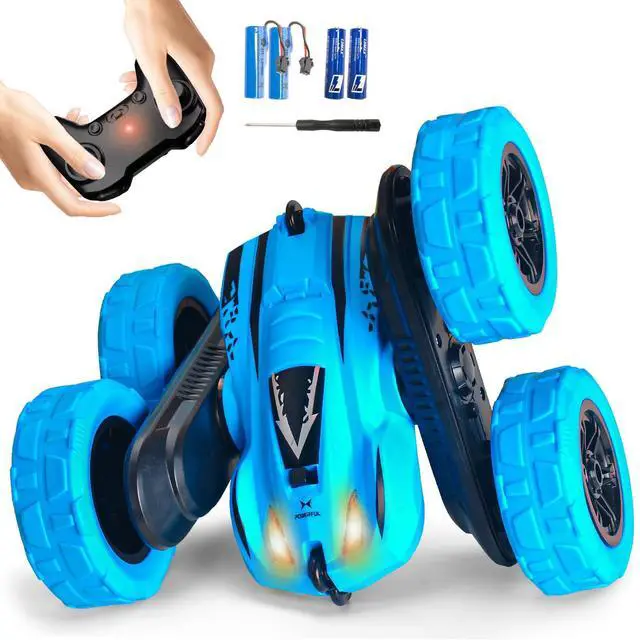 Main image of Remote Control Car, 4WD 2.4GHz Double-Sided RC Stunt Car, 360° Rotating Electric Rechargeable Toy Car with LED Lights, Gift for Boys Girls Ages 6+(Blue)