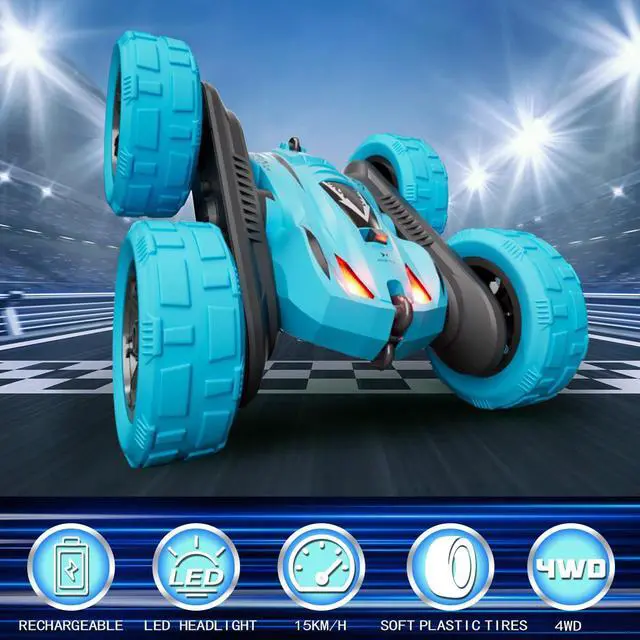 Alt view image 4 of 6 - Remote Control Car, 4WD 2.4GHz Double-Sided RC Stunt Car, 360° Rotating Electric Rechargeable Toy Car with LED Lights, Gift for Boys Girls Ages 6+(Blue)