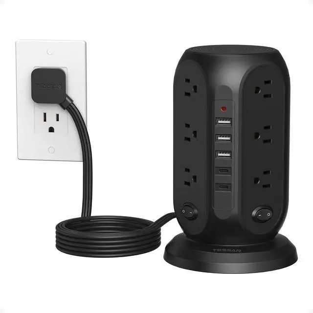 Main image of Tower Power Strip with Individual Switches, Surge Protector with 12 Outlets, 5 USB Ports(2 USB C), Flat Extension Cord 10 Ft, 1250W, Charging Station for Multiple Devices, Office, Dorm, Black